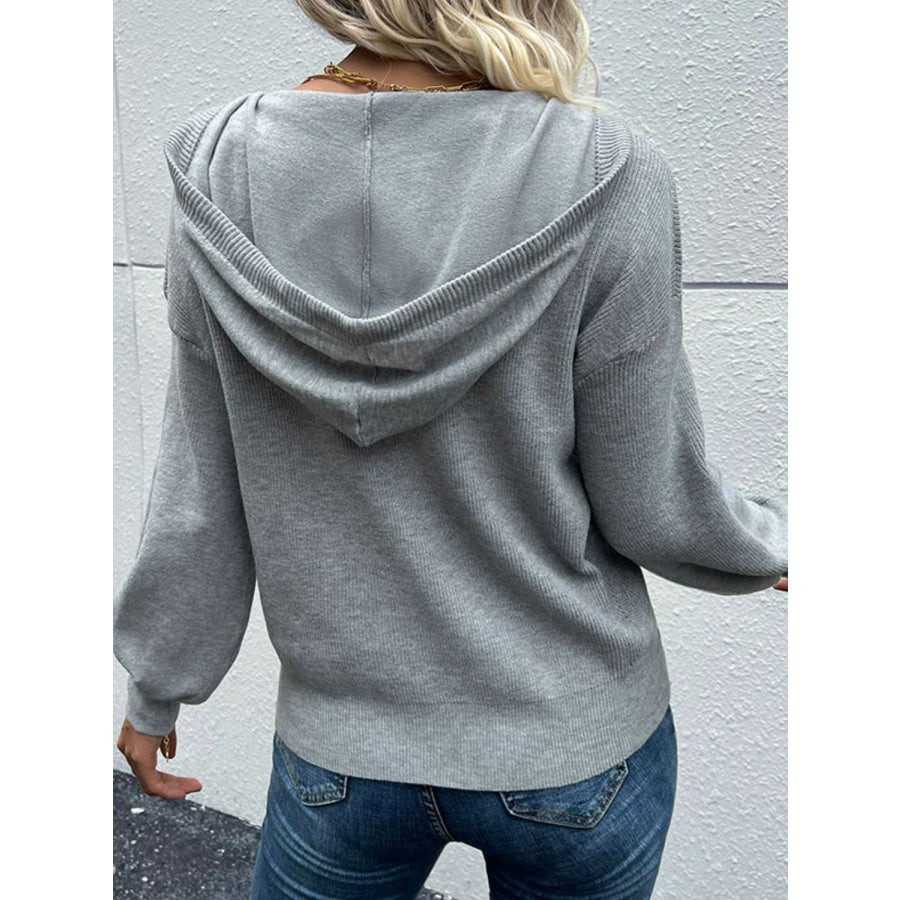 Perfee Quarter Button Drawstring Detail Knit Hoodie Light Gray / S Apparel and Accessories