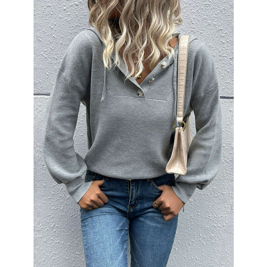 Perfee Quarter Button Drawstring Detail Knit Hoodie Light Gray / S Apparel and Accessories