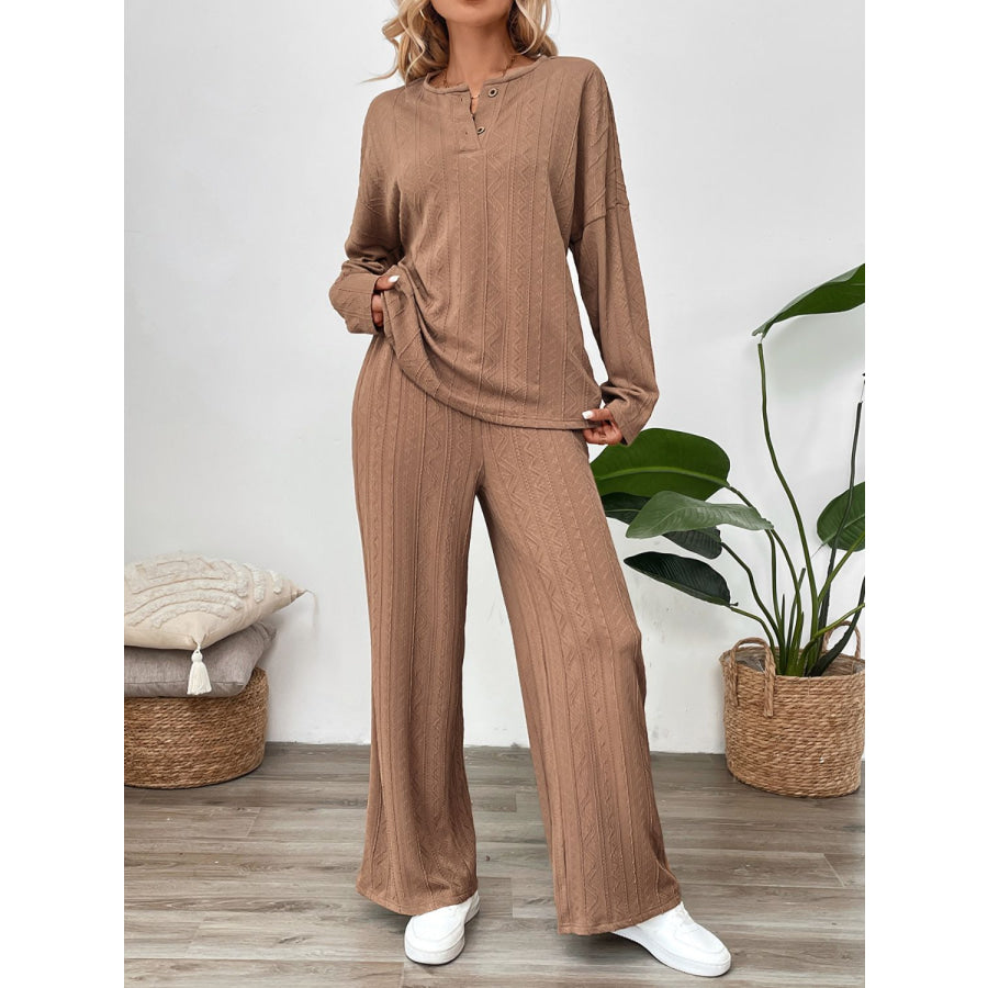 Perfee Quarter Button Long Sleeve Top and Pants Set Apparel and Accessories