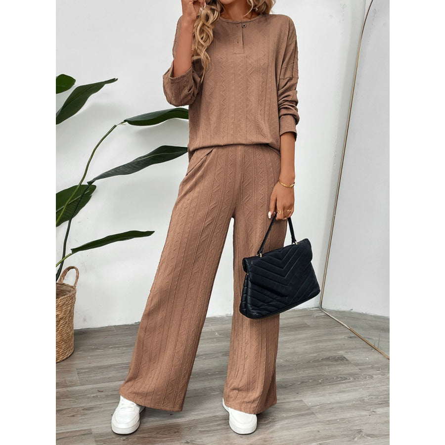 Perfee Quarter Button Long Sleeve Top and Pants Set Apparel and Accessories