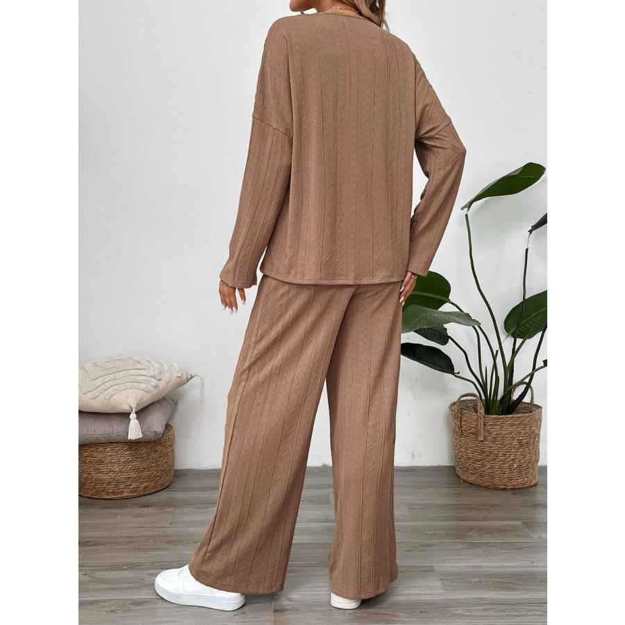 Perfee Quarter Button Long Sleeve Top and Pants Set Apparel and Accessories