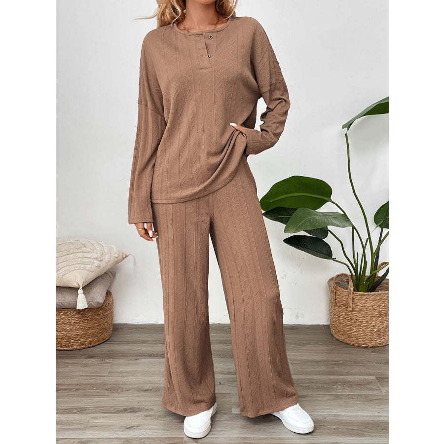 Perfee Quarter Button Long Sleeve Top and Pants Set Apparel and Accessories