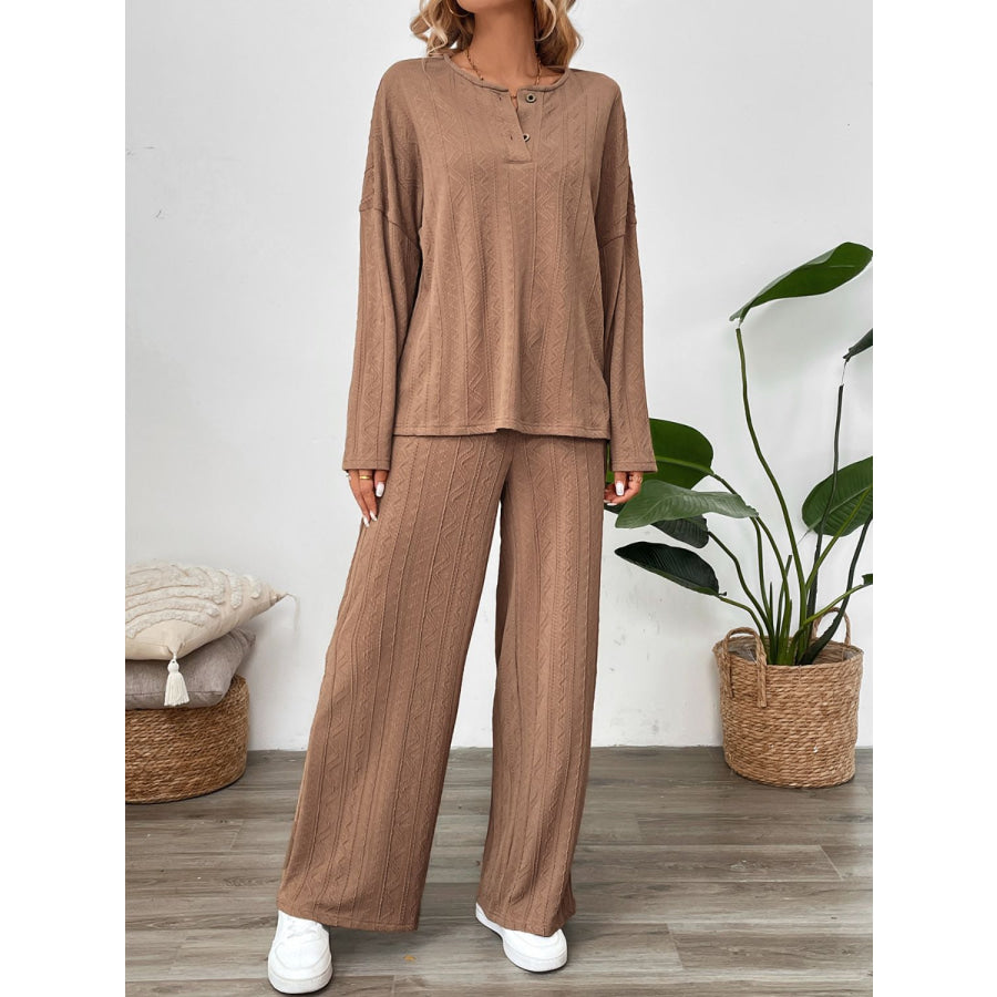 Perfee Quarter Button Long Sleeve Top and Pants Set Camel / S Apparel and Accessories