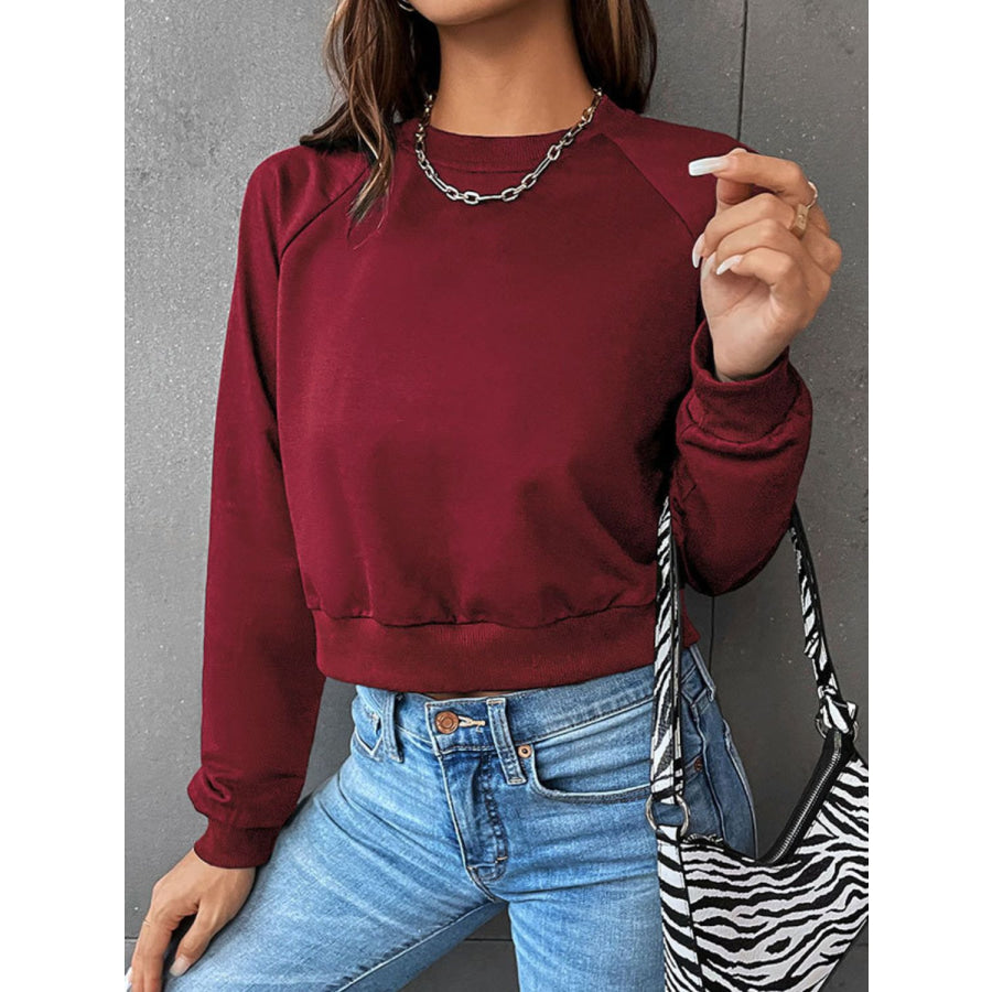 Perfee Raglan Sleeve Round Neck Cropped Sweatshirt Apparel and Accessories