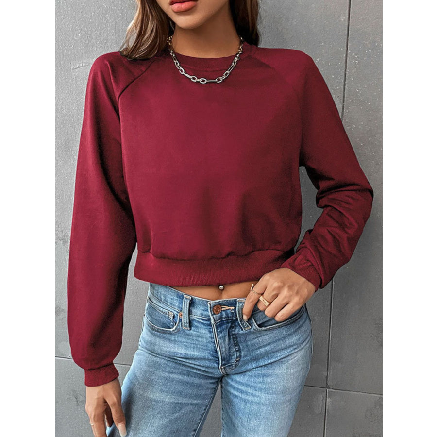 Perfee Raglan Sleeve Round Neck Cropped Sweatshirt Apparel and Accessories