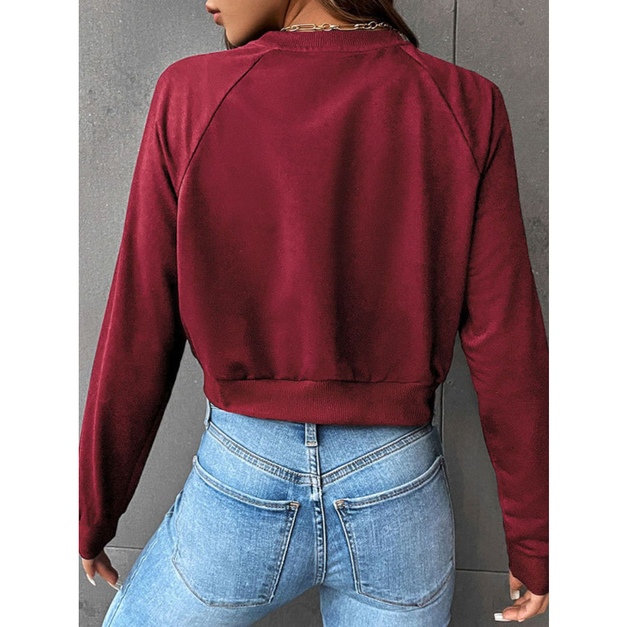 Perfee Raglan Sleeve Round Neck Cropped Sweatshirt Apparel and Accessories