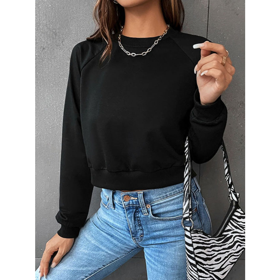 Perfee Raglan Sleeve Round Neck Cropped Sweatshirt Black / XS Apparel and Accessories