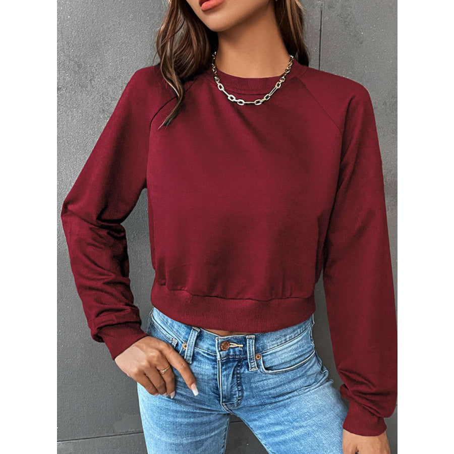 Perfee Raglan Sleeve Round Neck Cropped Sweatshirt Burgundy / XS Apparel and Accessories