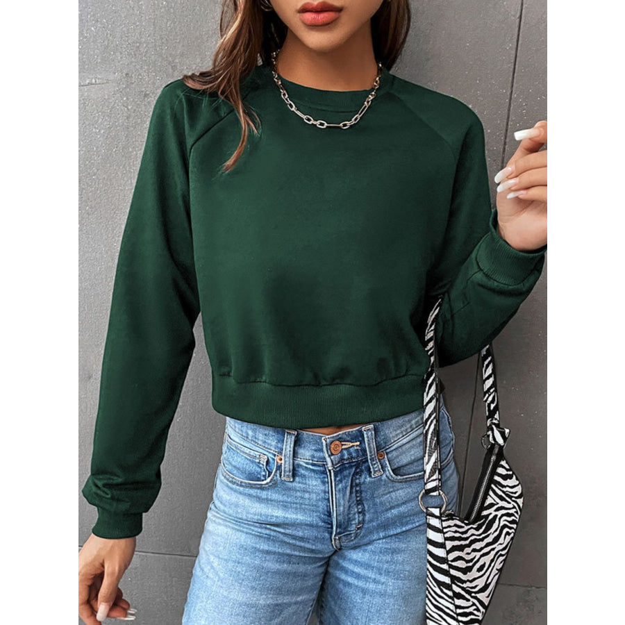 Perfee Raglan Sleeve Round Neck Cropped Sweatshirt Dark Green / XS Apparel and Accessories