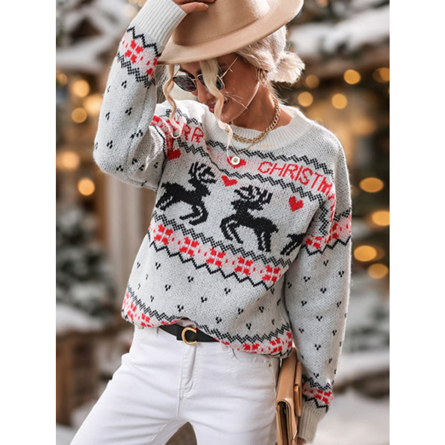 Perfee Reindeer Round Neck Long Sleeve Sweater Apparel and Accessories