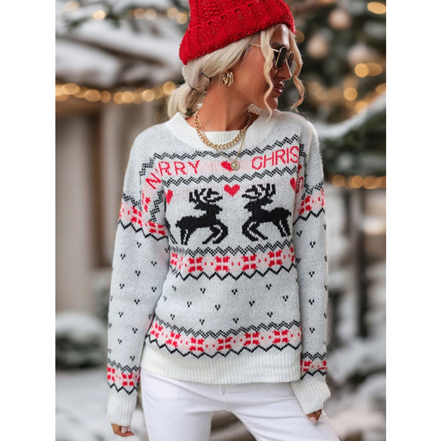 Perfee Reindeer Round Neck Long Sleeve Sweater Apparel and Accessories