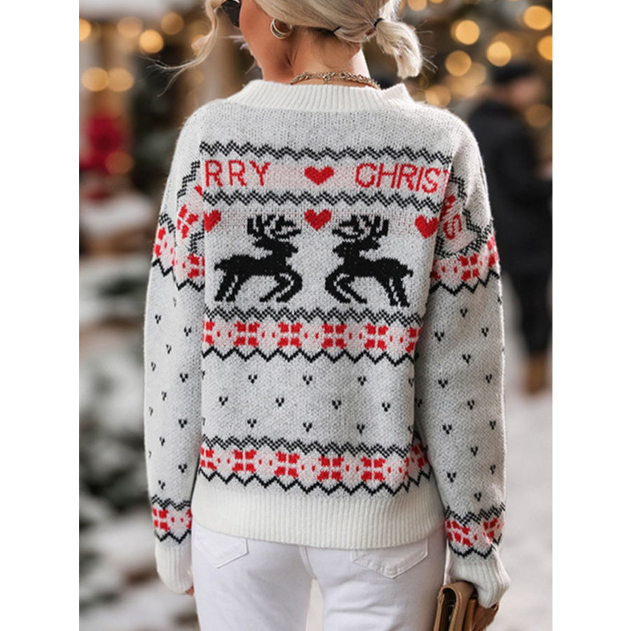 Perfee Reindeer Round Neck Long Sleeve Sweater Apparel and Accessories