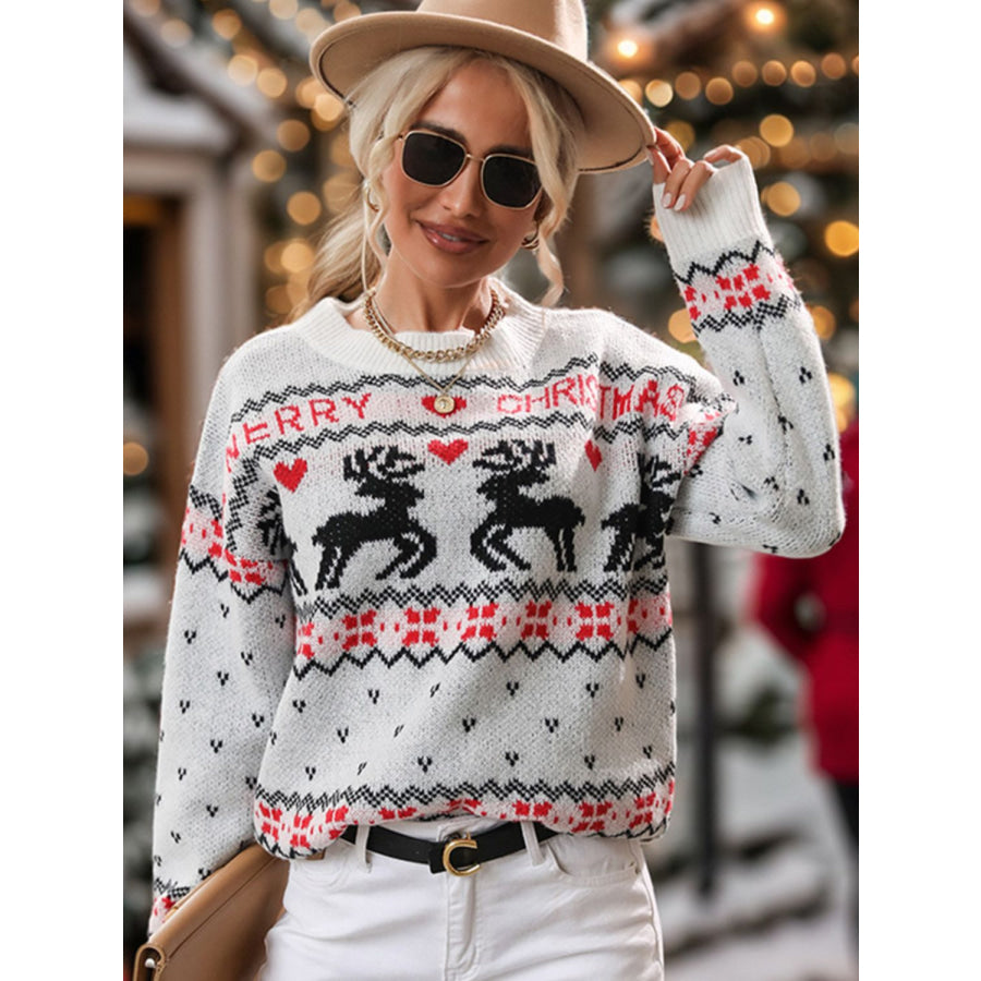 Perfee Reindeer Round Neck Long Sleeve Sweater White / S Apparel and Accessories