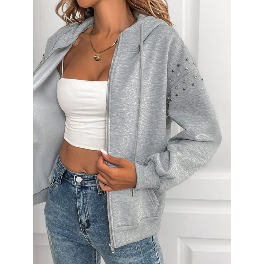 Perfee Rhinestone Zip Up Long Sleeve Hoodie Apparel and Accessories