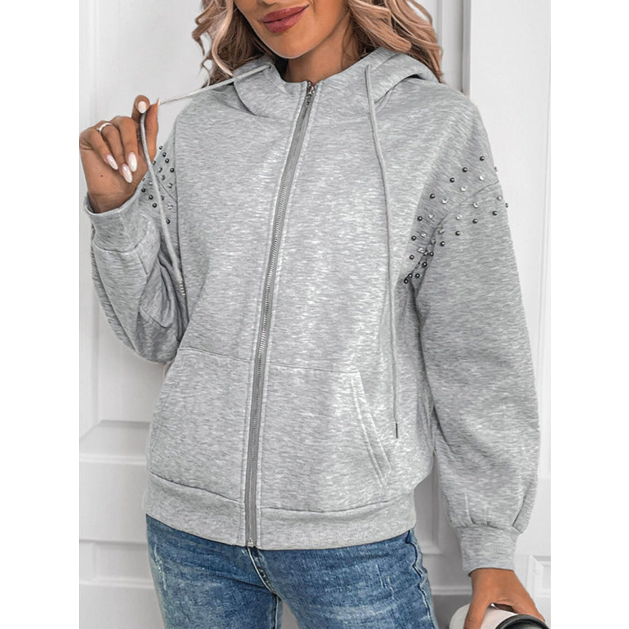 Perfee Rhinestone Zip Up Long Sleeve Hoodie Apparel and Accessories