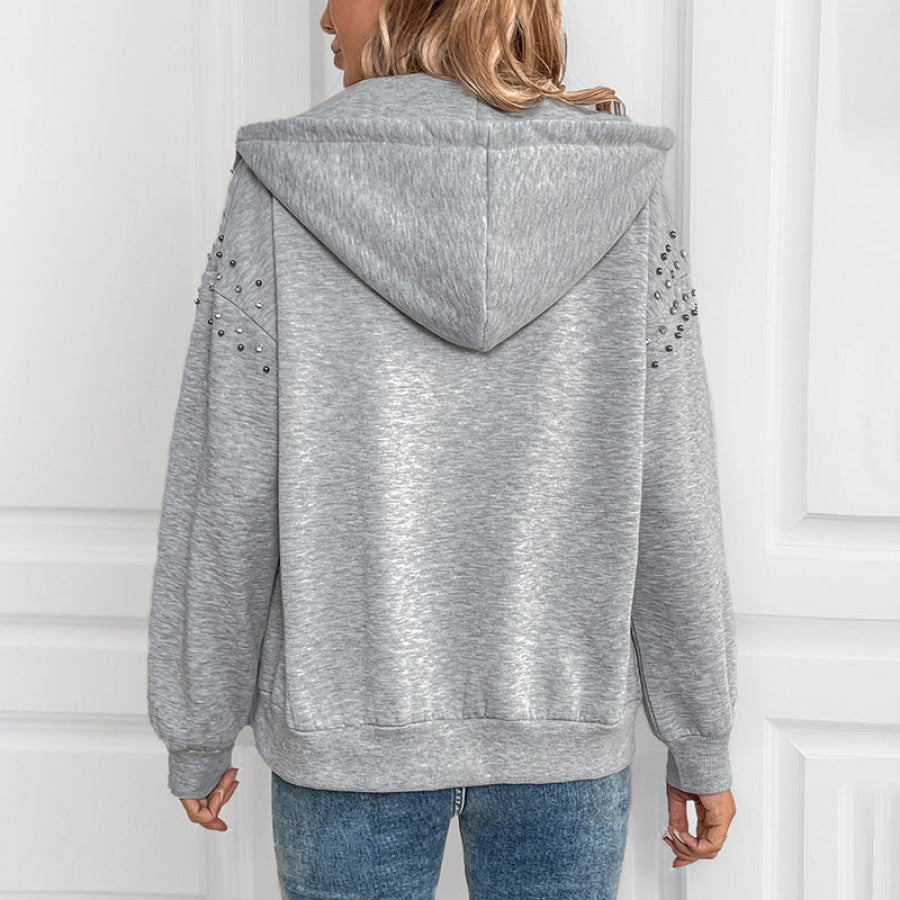 Perfee Rhinestone Zip Up Long Sleeve Hoodie Apparel and Accessories