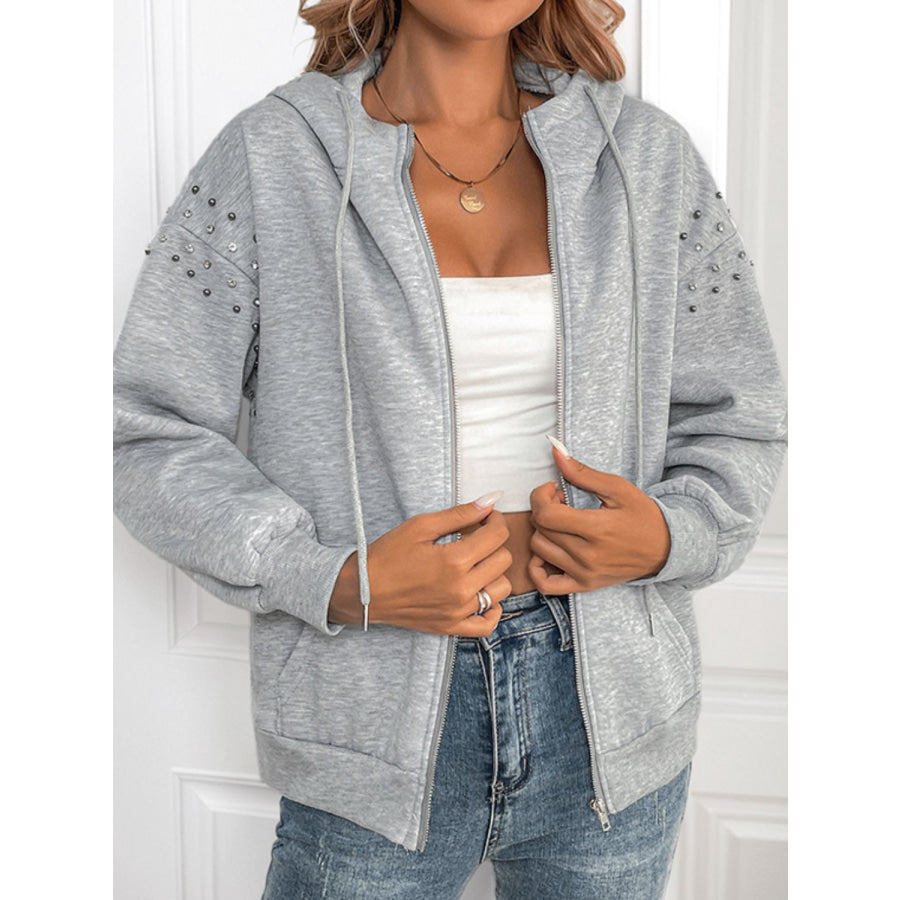 Perfee Rhinestone Zip Up Long Sleeve Hoodie Light Gray / S Apparel and Accessories