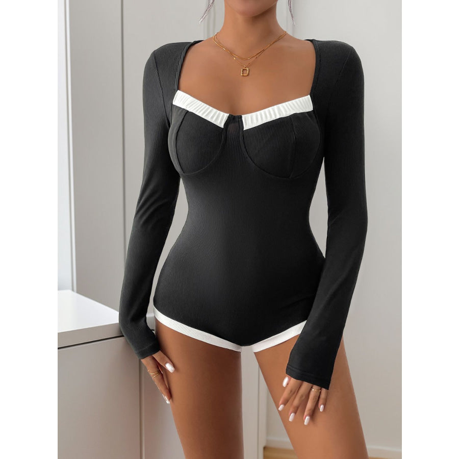 Perfee Ribbed Contrast Long Sleeve Bodysuit Apparel and Accessories