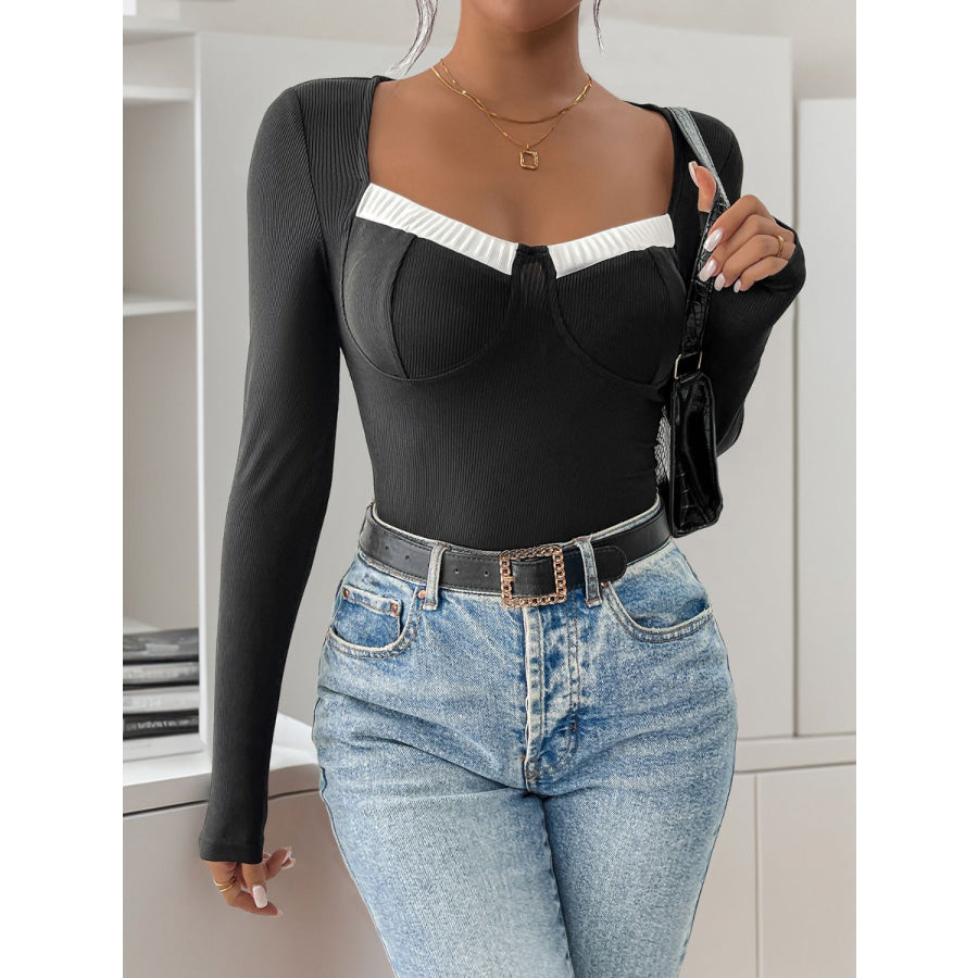 Perfee Ribbed Contrast Long Sleeve Bodysuit Apparel and Accessories