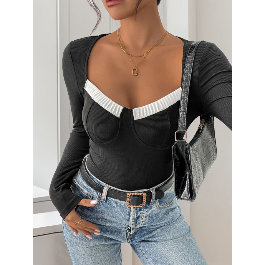 Perfee Ribbed Contrast Long Sleeve Bodysuit Apparel and Accessories