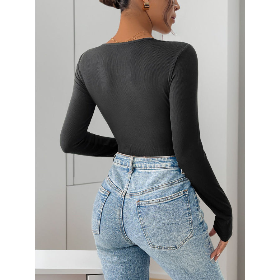 Perfee Ribbed Contrast Long Sleeve Bodysuit Black / S Apparel and Accessories