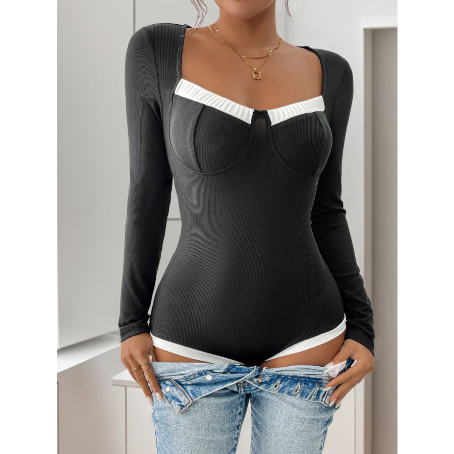 Perfee Ribbed Contrast Long Sleeve Bodysuit Black / S Apparel and Accessories