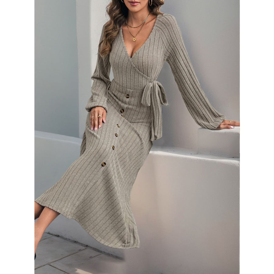 Perfee Ribbed Tied Surplice Long Sleeve Dress Apparel and Accessories