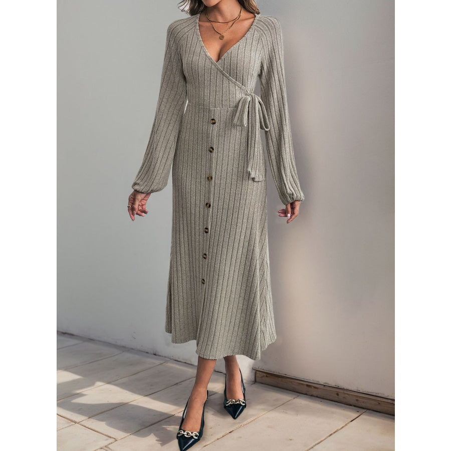 Perfee Ribbed Tied Surplice Long Sleeve Dress Apparel and Accessories