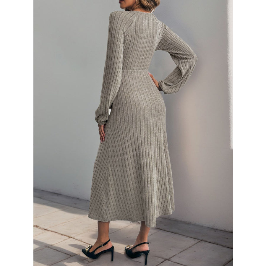 Perfee Ribbed Tied Surplice Long Sleeve Dress Apparel and Accessories