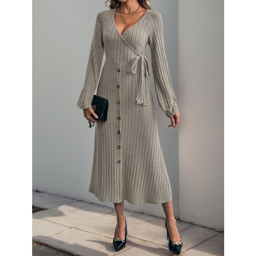 Perfee Ribbed Tied Surplice Long Sleeve Dress Apparel and Accessories