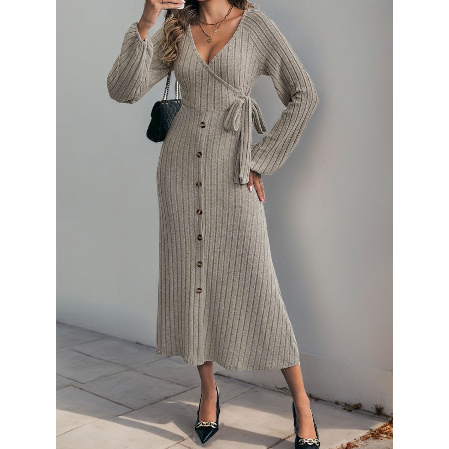 Perfee Ribbed Tied Surplice Long Sleeve Dress Apparel and Accessories