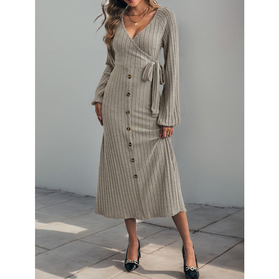 Perfee Ribbed Tied Surplice Long Sleeve Dress Gray / S Apparel and Accessories