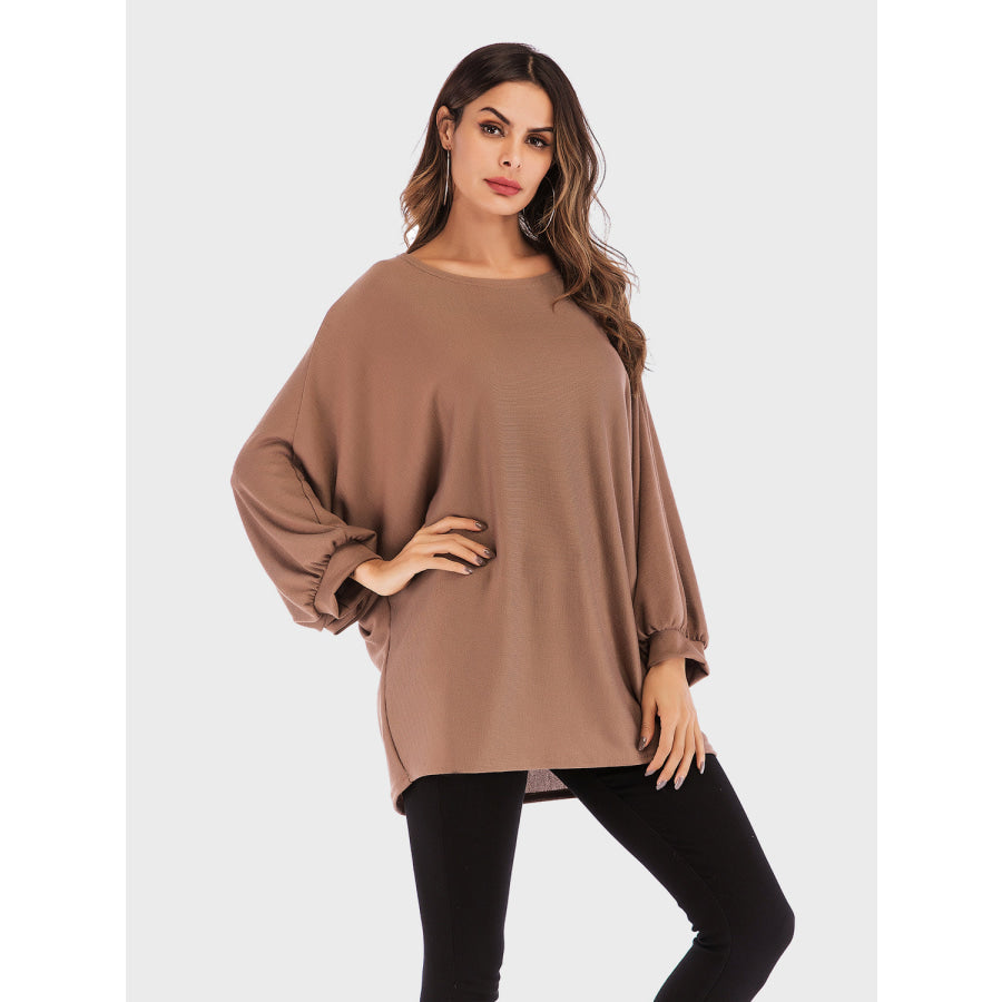 Perfee Round Neck Batwing Sleeve T-Shirt Caramel / One Size Apparel and Accessories