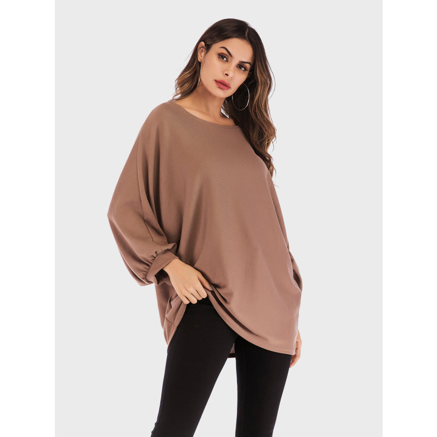 Perfee Round Neck Batwing Sleeve T-Shirt Caramel / One Size Apparel and Accessories