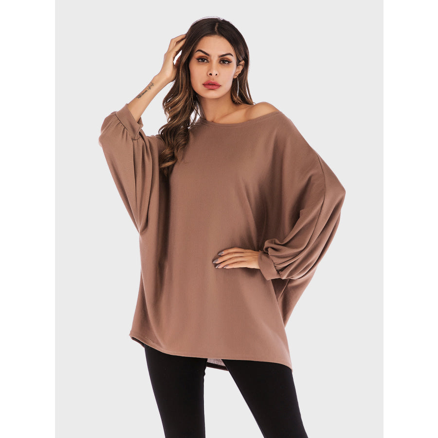 Perfee Round Neck Batwing Sleeve T-Shirt Caramel / One Size Apparel and Accessories