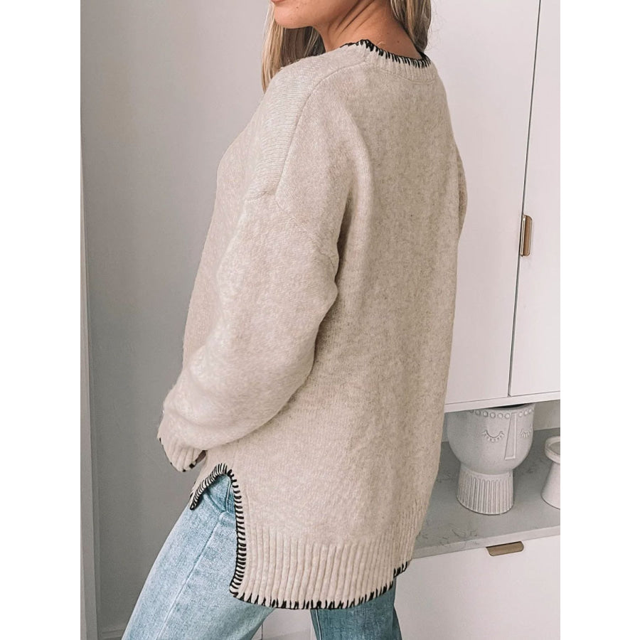 Perfee Round Neck Long Sleeve Sweater Apparel and Accessories