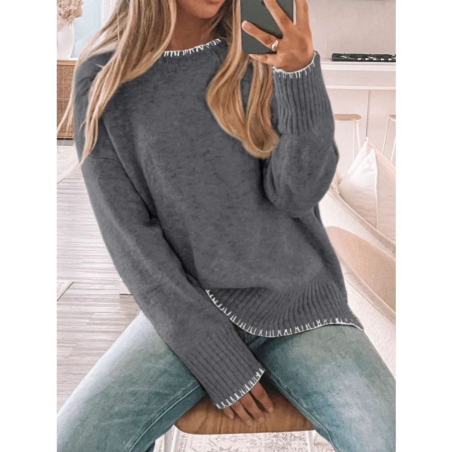 Perfee Round Neck Long Sleeve Sweater Apparel and Accessories