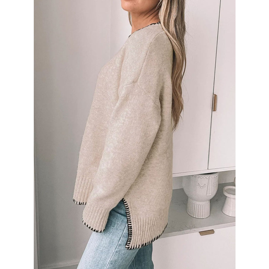 Perfee Round Neck Long Sleeve Sweater Apparel and Accessories