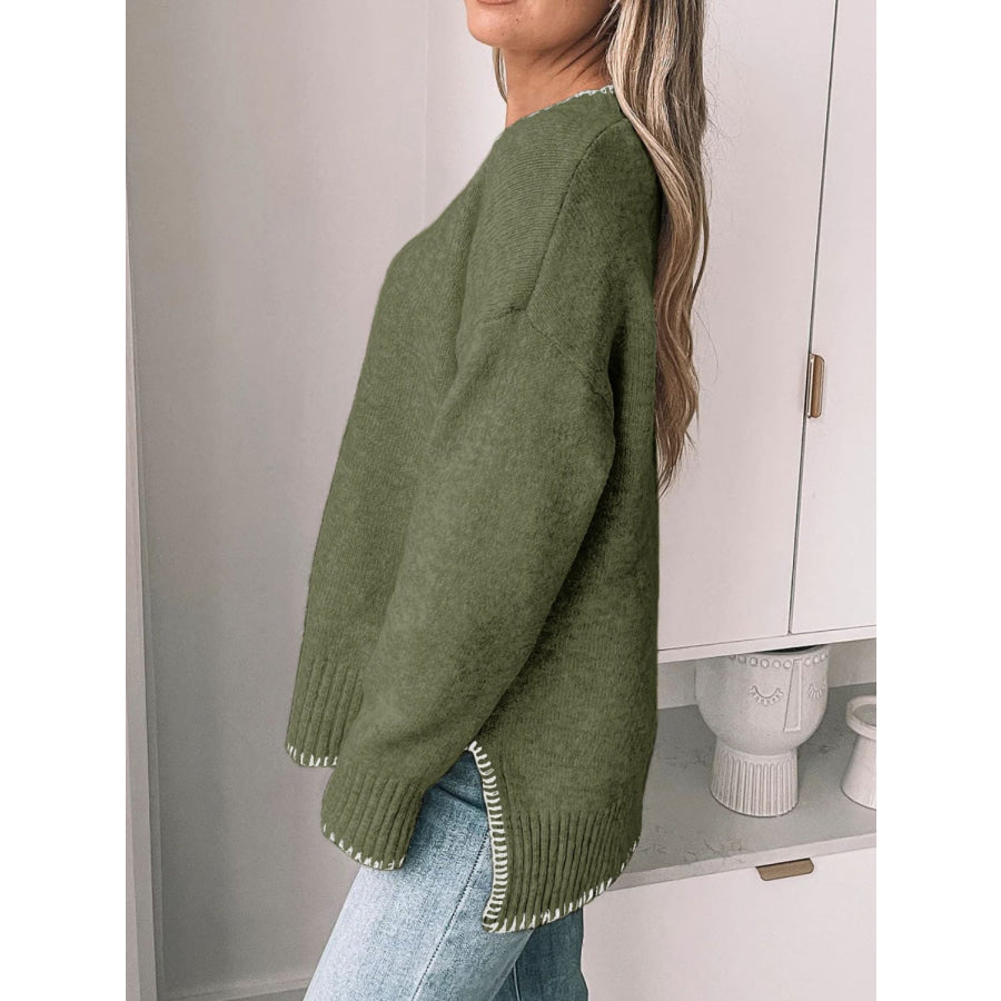 Perfee Round Neck Long Sleeve Sweater Apparel and Accessories