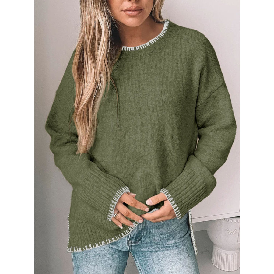 Perfee Round Neck Long Sleeve Sweater Apparel and Accessories