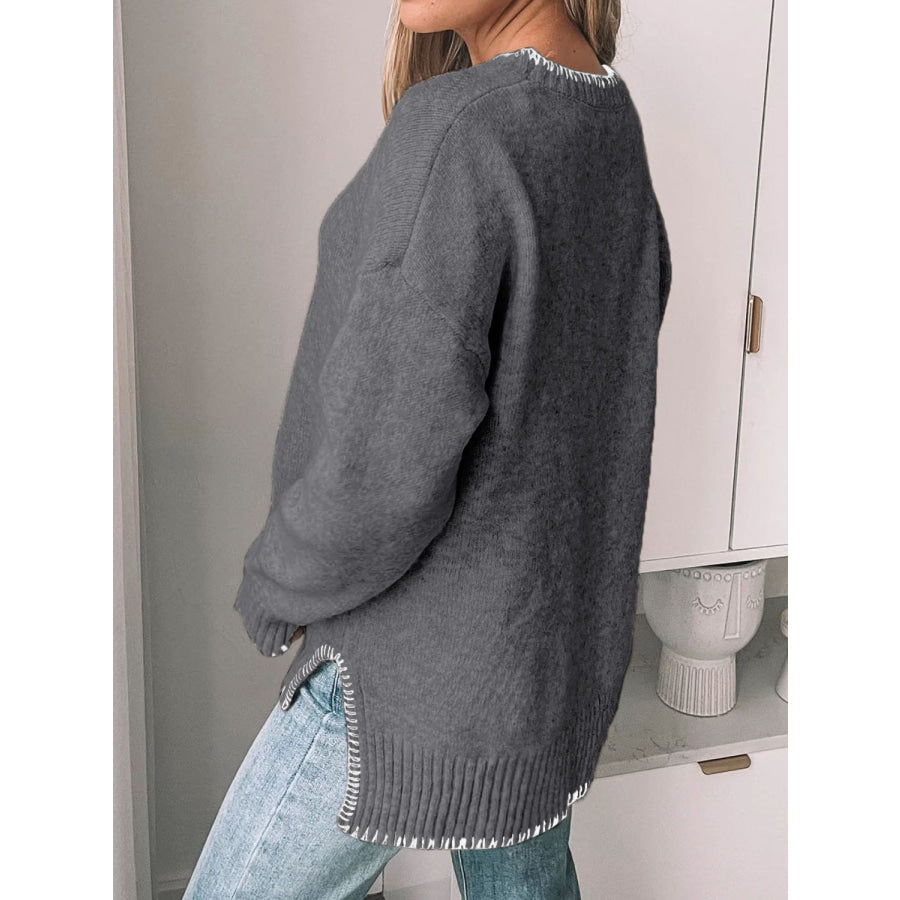 Perfee Round Neck Long Sleeve Sweater Dark Gray / S Apparel and Accessories