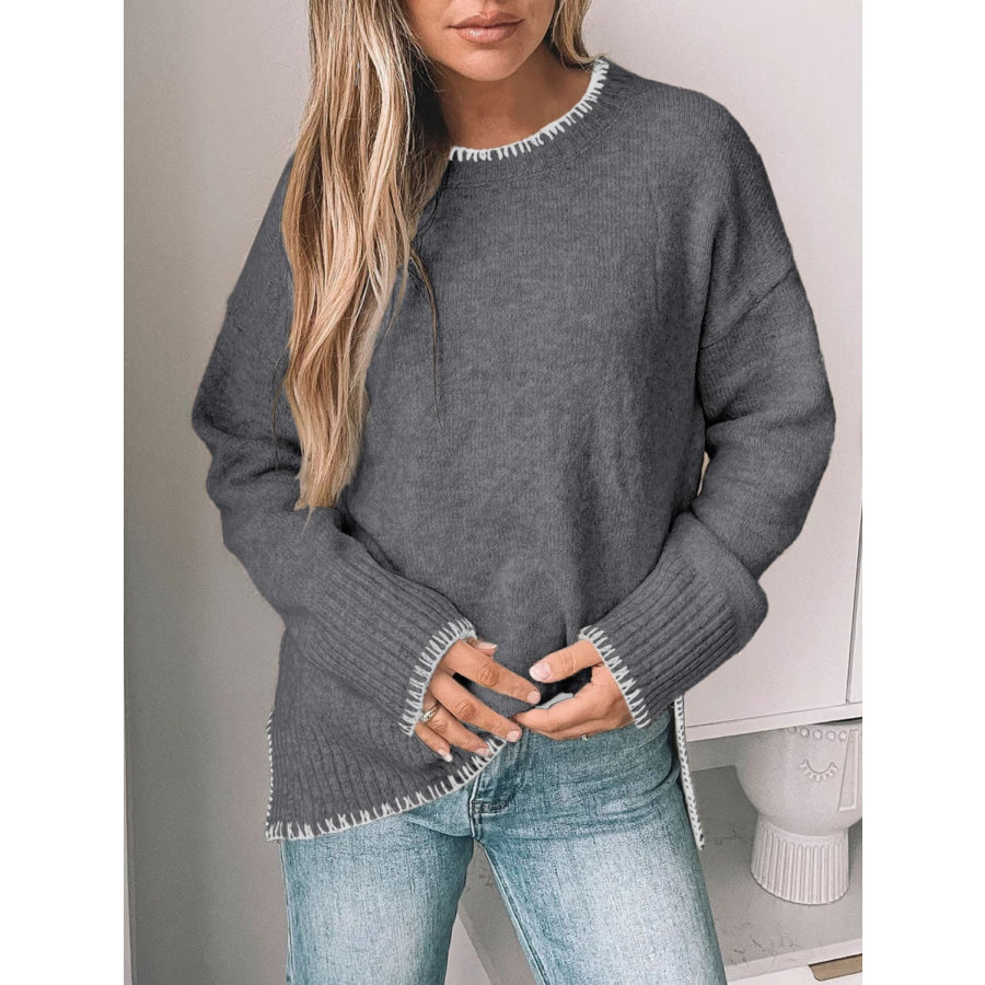 Perfee Round Neck Long Sleeve Sweater Dark Gray / S Apparel and Accessories