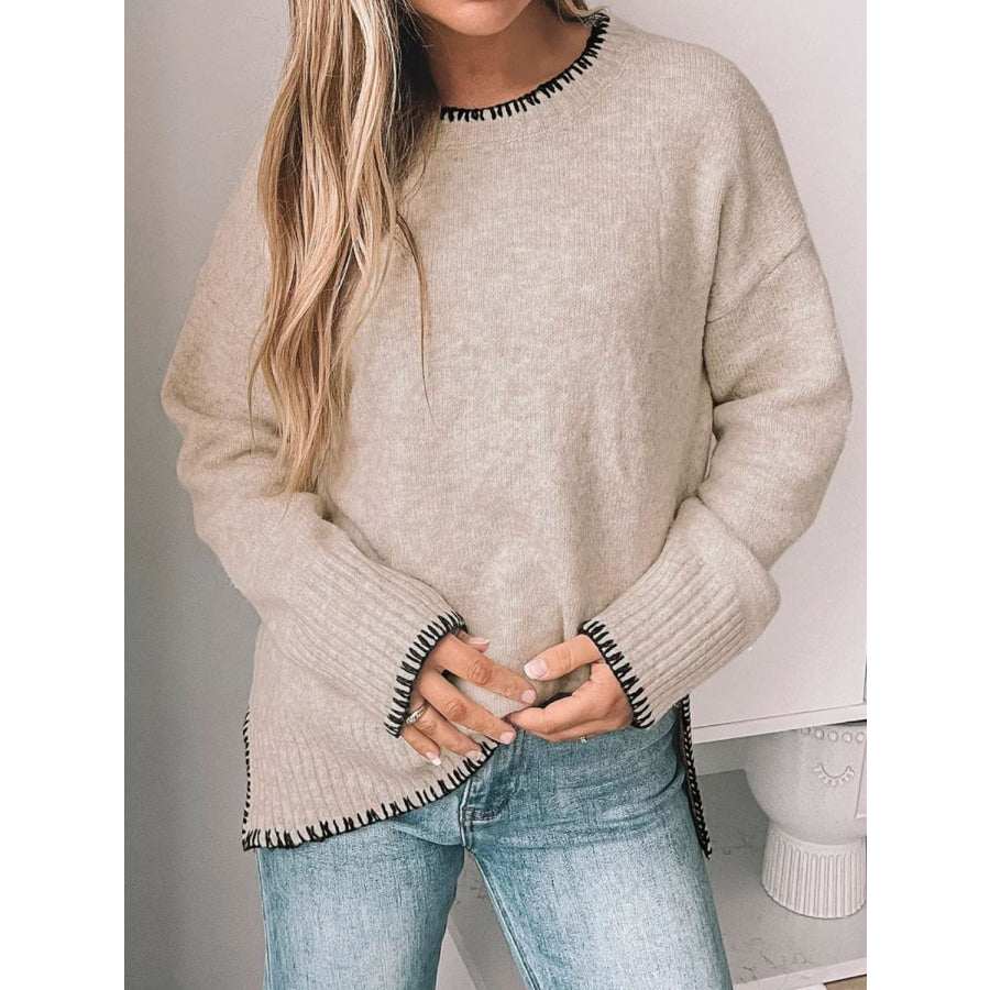 Perfee Round Neck Long Sleeve Sweater Khaki / S Apparel and Accessories