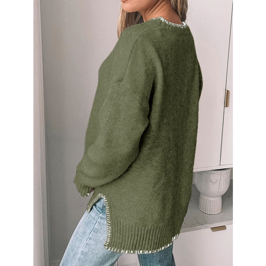 Perfee Round Neck Long Sleeve Sweater Moss / S Apparel and Accessories