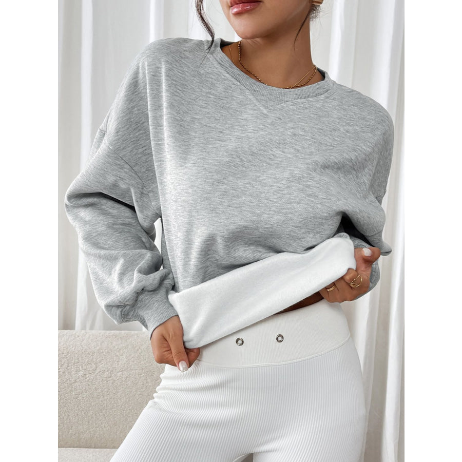 Perfee Round Neck Long Sleeve Sweatshirt Apparel and Accessories