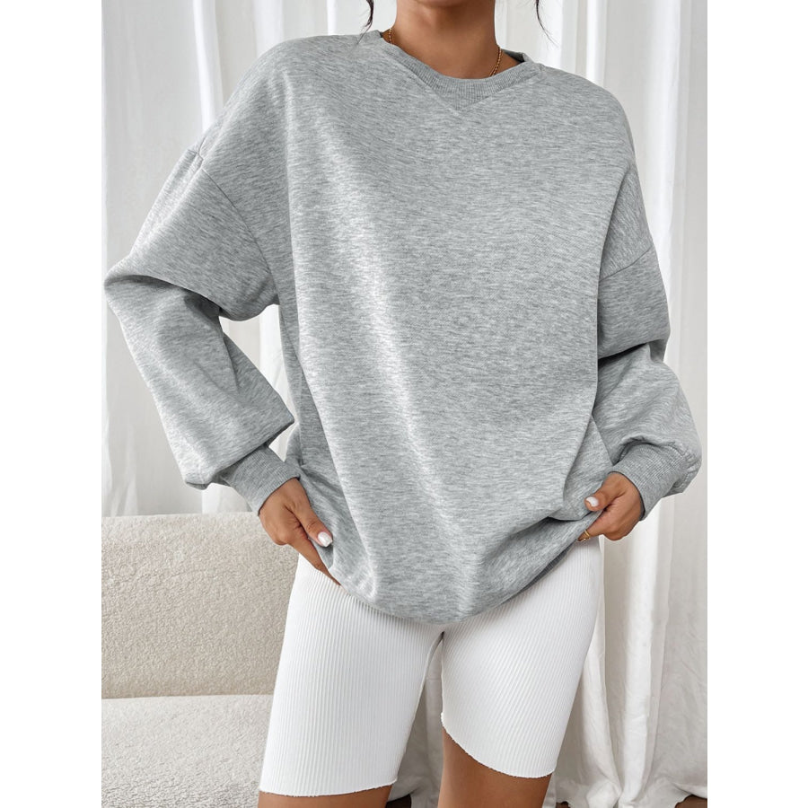 Perfee Round Neck Long Sleeve Sweatshirt Light Gray / S Apparel and Accessories