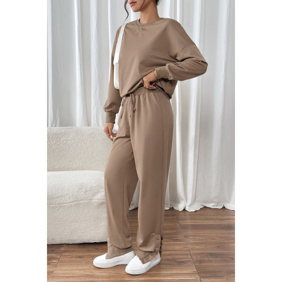 Perfee Round Neck Long Sleeve Top and Pants Set Apparel and Accessories