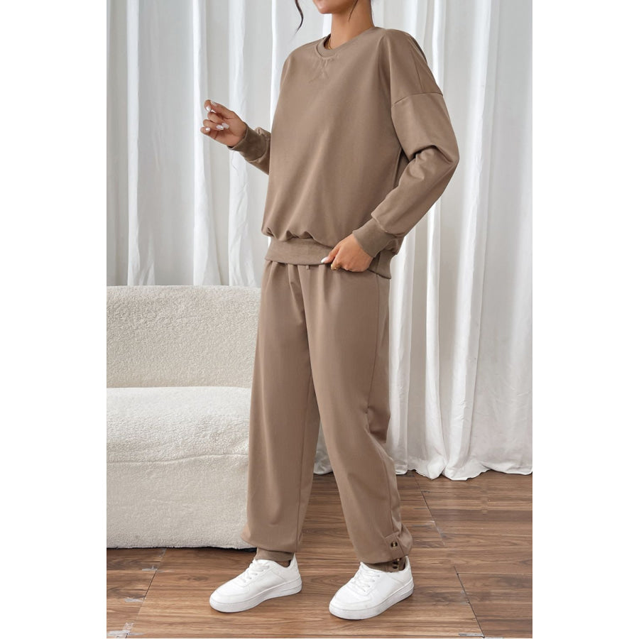 Perfee Round Neck Long Sleeve Top and Pants Set Apparel and Accessories