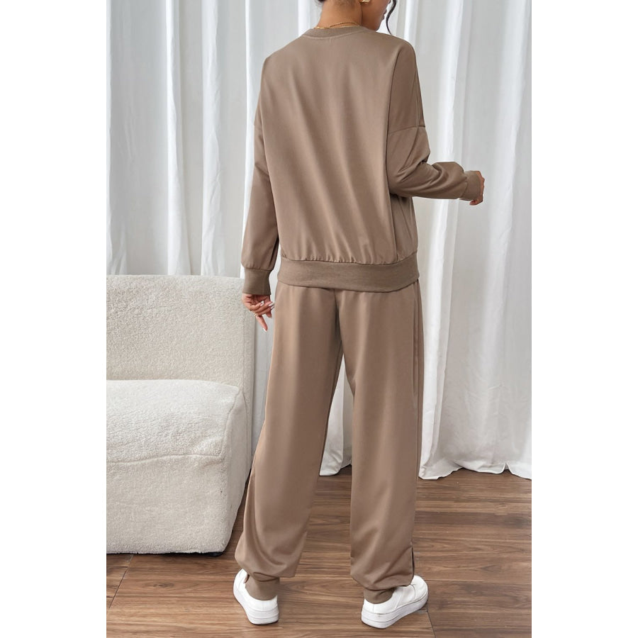 Perfee Round Neck Long Sleeve Top and Pants Set Apparel and Accessories