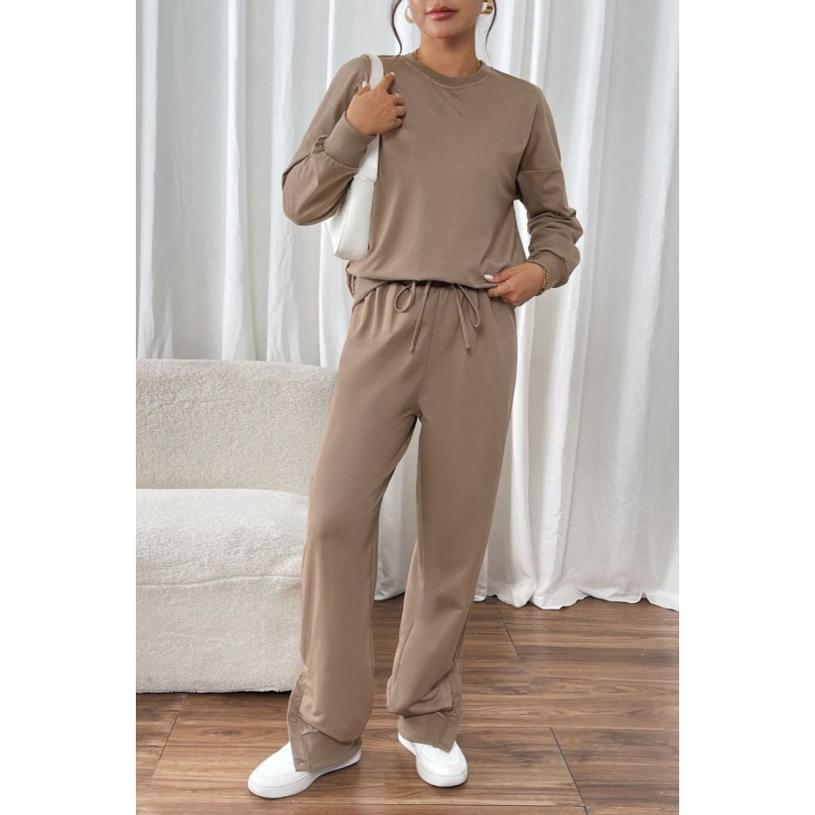 Perfee Round Neck Long Sleeve Top and Pants Set Apparel and Accessories